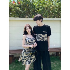 批发2026情侣装吊带裙印花男T恤<b class='q'>时尚</b><b class='q'>潮流</b>情侣款 女裙子带胸垫