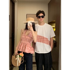 批发2026夏季新款红格子衬衣 男女情侣衬衣短袖