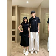 批发实拍灰色刺绣polo领连衣裙女收腰<b class='q'>短袖</b>微弹美式包臀短裙情侣装