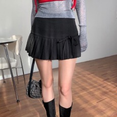 批发已出货 韩国chic高腰绑带百褶裙女气质设计感a字半身短裙子