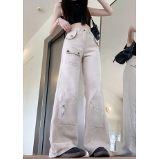 批发实拍现有货 秋季设计感多口袋微喇直筒高腰<b class='q'>牛仔</b>裤女拖地工装裤