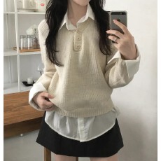 批发已出货 韩国了chic秋冬毛衣设计感<b class='q'>衬衣</b><b class='q'>假两件</b>叠穿长袖毛针织衫