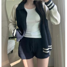 批发已出货   <b class='q'>韩国</b>chic秋冬拼色拉链针织运动开衫长袖女棒球服套装