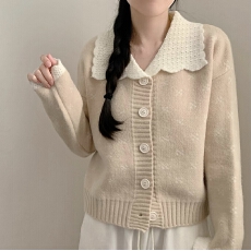 批发已出货  韩国chic秋<b class='q'>冬</b>新款设计花边针织衫上衣钩花翻领毛衣开衫