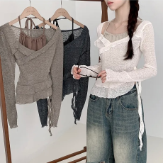 批发<b class='q'>韩国</b>chic春夏假两件挂脖系带罩衫甜美气质上衣T恤女