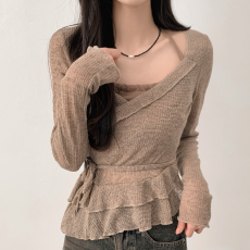 批发已出货 <b class='q'>韩国</b>chic春夏假两件挂脖系带罩衫甜美气质上衣T恤女