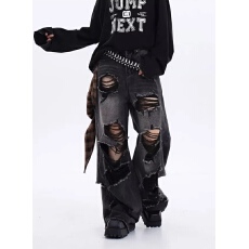 批发已出货 <b class='q'>韩国</b>ins高腰设计感乞丐破洞裤欧美休闲宽松型阔腿牛仔裤