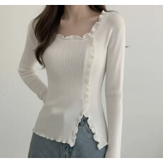 批发已出货  韩国chic不规则木耳边内搭针织衫女早春修身开叉打底<b class='q'>上衣</b>