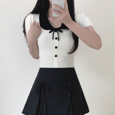 批发已出货 <b class='q'>韩国</b>chic新款茶系娃娃领泡泡短袖别致绝美小<b class='q'>上衣</b>针织衫