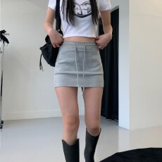 批发已出货 韩国chic<b class='q'>夏季</b>简约抽绳休闲运动高腰辣妹a字防走光包臀短裙