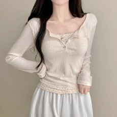 批发已出货 韩国chic秋季蕾丝花边碎花假两件显瘦<b class='q'>T</b><b class='q'>恤</b>上衣