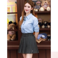 批发赵露思<b class='q'>明星</b><b class='q'>同款</b>学院风蓝色长袖衬衫女早秋新款灰色高腰百褶半身裙