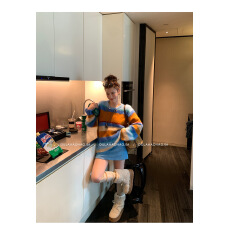 批发DULA好好家 彩虹糖豆/彩色条纹拉毛套头毛衣女冬慵懒软糯宽松上衣