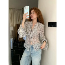 批发ALL IN韩国东大门法式甜美风荷叶边系带<b class='q'>波点</b><b class='q'>衬衫</b>女灯笼袖2026春季