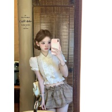 批发迟伞伞26/ss dating日 花朵翻领花边短袖衬衫格纹花苞系带裙裤