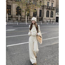 批发PPHOME时尚套装咖色立领金属扣短款外套女秋冬<b class='q'>高腰</b>显瘦直筒阔腿裤
