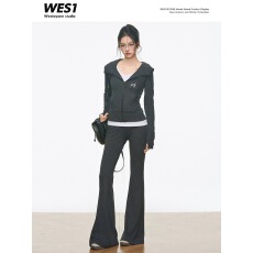 批发8.25新品 WESTAYONE修身显瘦针织连帽开衫套<b class='q'>装</b>打底<b class='q'>T</b><b class='q'>恤</b>微喇叭<b class='q'>裤</b>