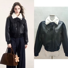 批发NEW EMPIRE25冬季皮毛一体机车服夹克加厚加绒黑色皮衣外套女