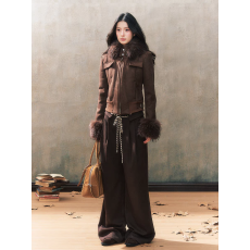 批发7Shiftin原创设计深棕色秋冬麂皮绒毛领外套<b class='q'>修身</b>连帽皮毛一体外衣