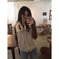 批发PSO Brand女装双面穿千鸟格翻领毛绒马甲背心保暖毛呢女款外套