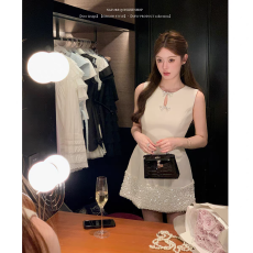 批发法式亮片拼接无袖<b class='q'>连衣裙</b>女春季小个子收腰显瘦气质千金风a<b class='q'>字</b>短裙