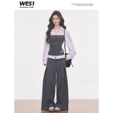 批发高级感针织拼接条纹衬衫假两件上衣女+阔腿<b class='q'>裤</b>