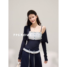 批发谢不肉 格纹拼接吊带背心莱赛尔短款开衫女春阔腿宽松长裤套装