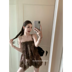 批发板栗可可【加色】'菲林迷雾'<b class='q'>蕾丝</b>露背吊带荷叶边连衣裙长款女夏