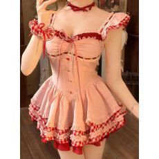 批发SYJ/舒衣家 法式甜美风小飞袖格纹拼接<b class='q'>连衣裙</b>女气质修身蓬蓬短裙