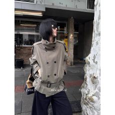 批发Falin X 莱赛尔设计感立领短款风衣女秋季双排扣复古宽松百搭外套