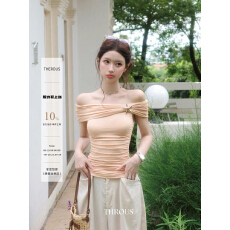 批发谢不肉 一字肩收腰褶皱亚麻<b class='q'>T</b><b class='q'>恤</b>女夏季韩系减龄显瘦休闲修身上衣