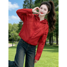 批发运动风轻薄防晒服女红色连帽拉链短外套2026新款春夏休闲长袖上衣