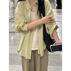 批发韩系绿色棉麻防晒<b class='q'>长袖</b><b class='q'>衬衫</b>外套女夏季巨好看<b class='q'>衬衣</b>外搭薄款开衫上衣