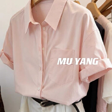 批发法式甜美粉色Polo领质感短袖衬衫女夏季学院风简约宽松挺括薄衬衣