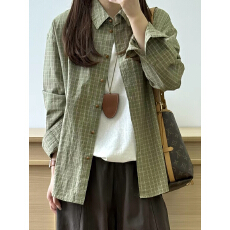 批发森系绿色格子棉质翻领排扣<b class='q'>衬衫</b>女早秋季直筒休闲小外套