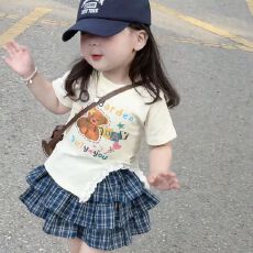 批发女童短袖<b class='q'>套装</b>小女孩蛋糕裙卡通T恤<b class='q'>夏</b>季新款女宝花边开叉t恤两件套