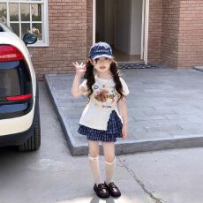 批发女童短袖<b class='q'>套装</b>小女孩蛋糕裙卡通T恤<b class='q'>夏</b>季新款女宝花边开叉t恤两件套