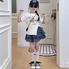 批发女童短袖<b class='q'>套装</b>小女孩蛋糕裙卡通T恤<b class='q'>夏</b>季新款女宝花边开叉t恤两件套