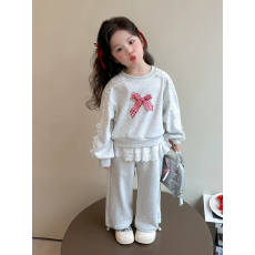 批发2025春秋女童蝴蝶结<b class='q'>套装</b>儿童春秋<b class='q'>宝宝</b><b class='q'>卫衣</b>蕾丝洋气新款休闲两件套