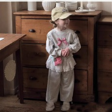 批发2025春秋女童蝴蝶结<b class='q'>套装</b>儿童春秋<b class='q'>宝宝</b><b class='q'>卫衣</b>蕾丝洋气新款休闲两件套