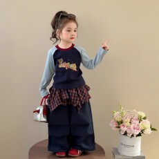 批发2025秋季女童<b class='q'>韩版</b>卡通插肩袖T恤儿童洋气时髦屁帘工装裤套装秋装