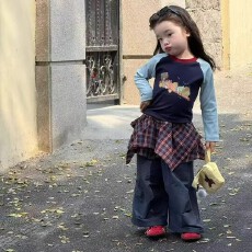 批发韩版<b class='q'>女</b><b class='q'>童</b>长袖T恤套装休闲春秋装2025新款洋气儿童格子工装裤时髦