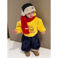 批发韩版<b class='q'>儿童</b>2025冬季新款黄色可爱星星人连帽加绒<b class='q'>卫衣</b>女孩星星休闲裤