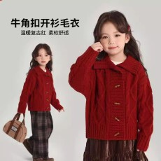批发女<b class='q'>童</b><b class='q'>红色</b>拜年服<b class='q'>毛衣外套</b>秋冬新款<b class='q'>中大</b>儿<b class='q'>童</b>复古中国红新年针织开衫