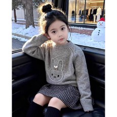 批发韩版女童2025<b class='q'>秋</b>冬新款灰色可爱兔子针织毛衣小女孩格子夹棉半身裙