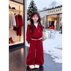 批发【华棉复合超柔】女童年服加绒套装2026冬季年帽开衫阔腿裤两件套