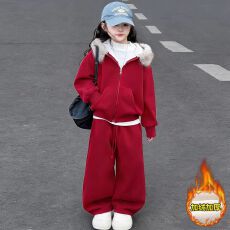 批发【华棉复合超柔】女童年服加绒套装2026冬季年帽开衫阔腿裤两件套