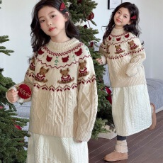 女童新年毛衣冬装2026新款加厚洋气费尔岛针织衫儿童上衣女宝衣服