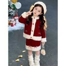 批发女童套装秋冬季2026新款过年加厚绒毛衣宝宝红色拜新年服儿童冬装