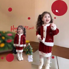 批发儿童时尚洋气秋冬小香风红色毛线套装女童拜年服裙子过年喜庆衣服